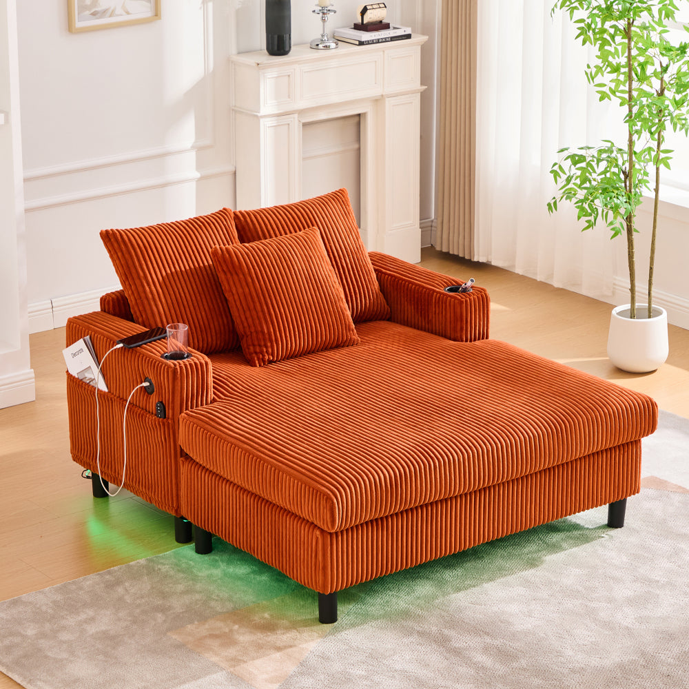 UNITED WE WIN Modern Corduroy Oversized Recliner Sofa with Deep Seat, 3 Pillows, USB Charging, RGB LED Light Strip, Cup Holder, Side Pocket - Suitable for Living Room and Bedroom