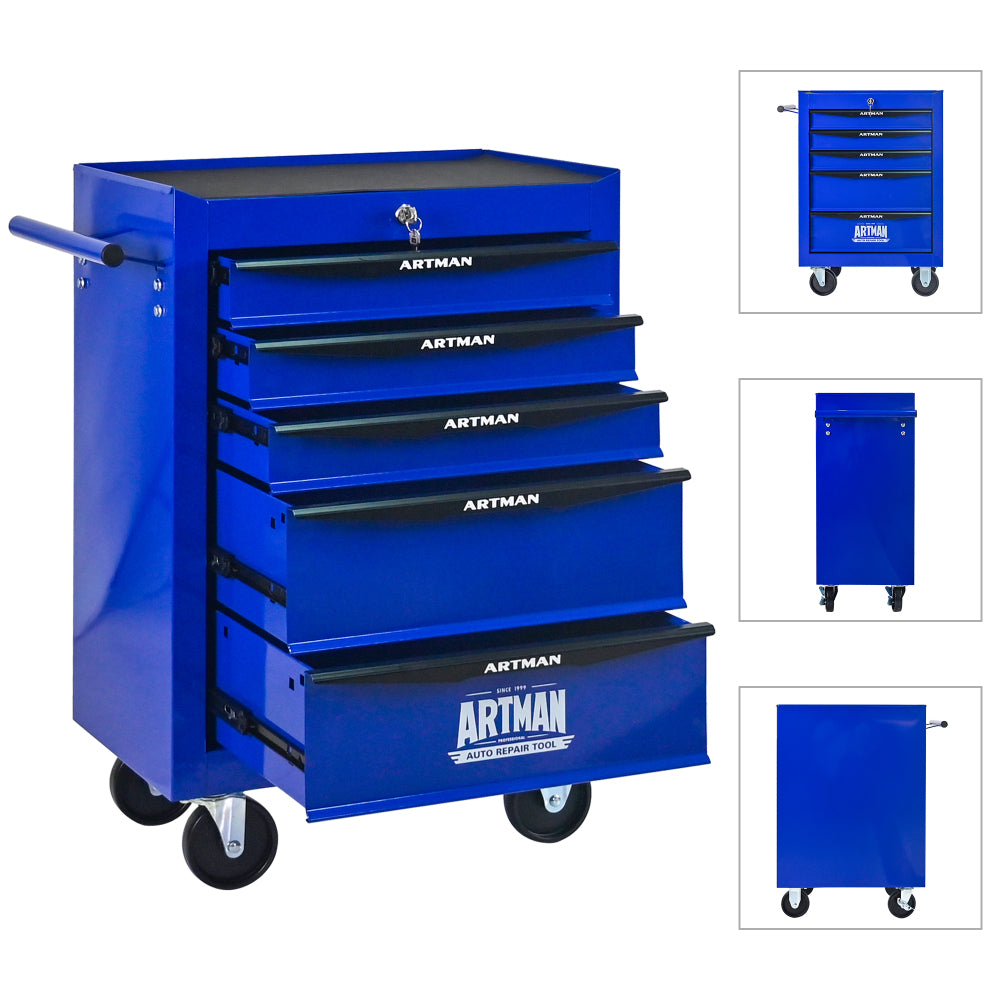 Rolling Metal Tool Chest with 5 Drawers, 20" 5-Drawer Tool Chest Cabinet with Ball Bearing Drawer Slides, Steel Tool Storage Box Organizer -BLACK&BLUE