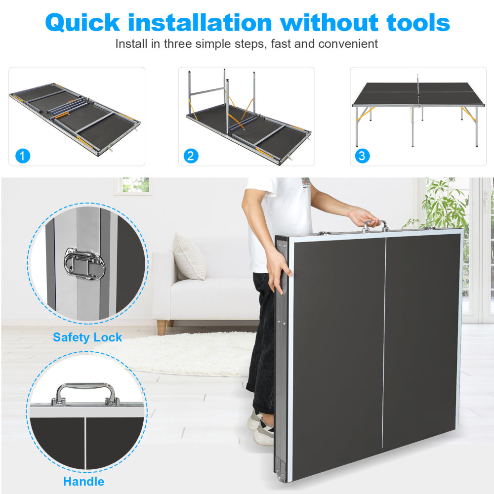 6ft Black Mid-Size Table Tennis Table Foldable & Portable Ping Pong Table Set for Indoor & Outdoor Games with Net, 2 Table Tennis Paddles and 3 Balls