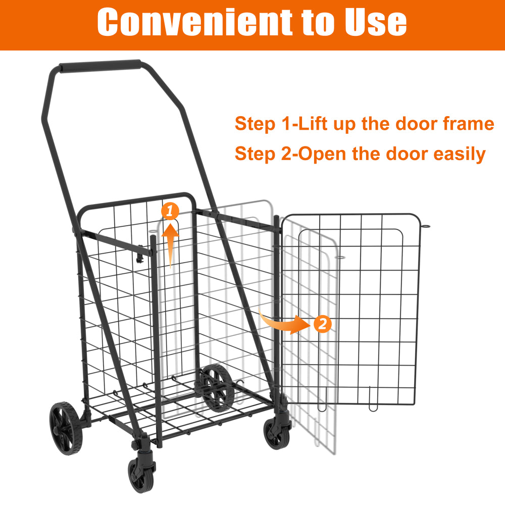 Shopping Cart with open door,Grocery Cart on Wheels, Foldable Utility Shopping Carts with 360° Rolling Swivel Wheels for Groceries Laundry