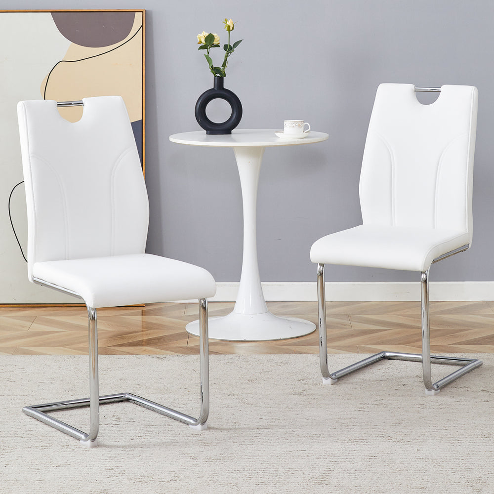 White PU Dining Chair Set.Uniquely designed white dining chairs. PU material, paired with silver metal chair legs. Suitable for offices, restaurants, kitchens, conference rooms, etc.(Set of 6)