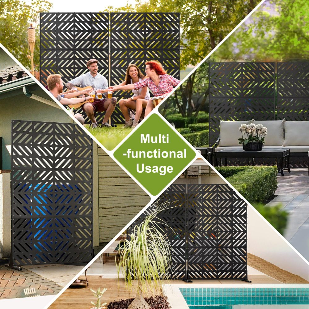 72'' x 44'' Balcony Privacy Screen ,Metal Patio Privacy Divider with Stand, Decorative Privacy Fence Screen for Garden, Fence, Balcony, Black