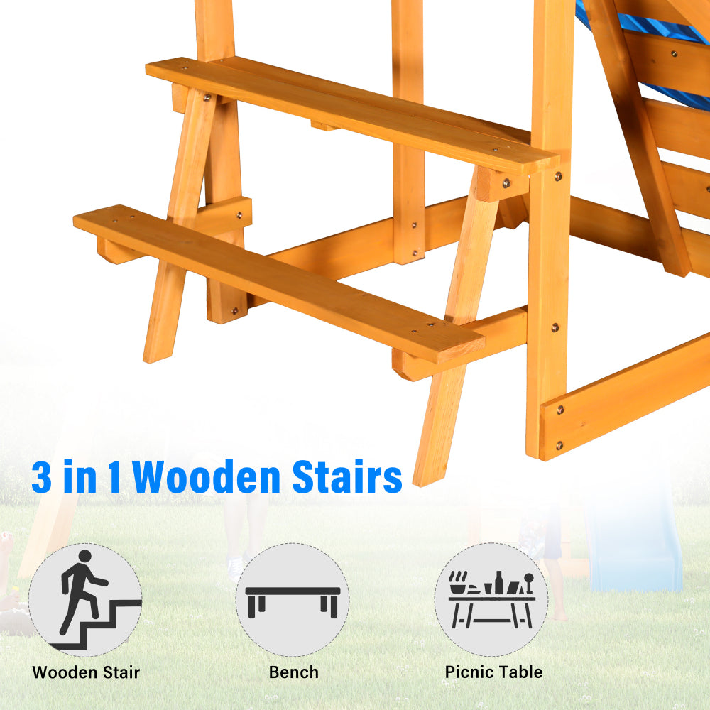Wooden Outdoor Swing Set 3 in 1 Swing Set outdoor Children's Playset with Slide , 2 Swings and Climber for Garden, Backyard and Playground, Blue