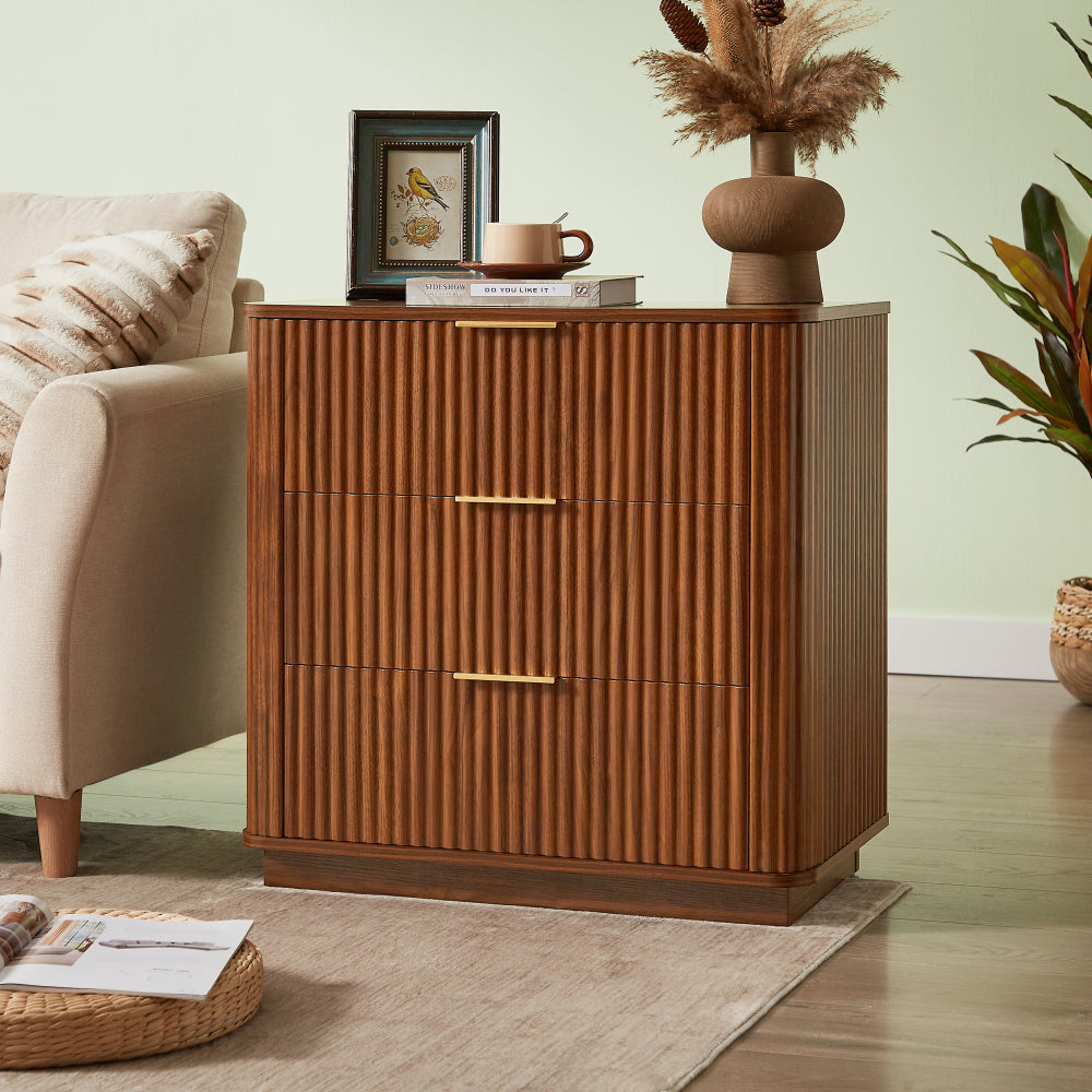3 Drawers Drasser 2PCS, 27.6'' Wide Modern Chest of Drawers Curved wave Design,Nightstand,Wood Drawer Organizer for Bedroom, Living Room, Hallway, Walnut,27.6''W x 15.8''D x 27.4''H.