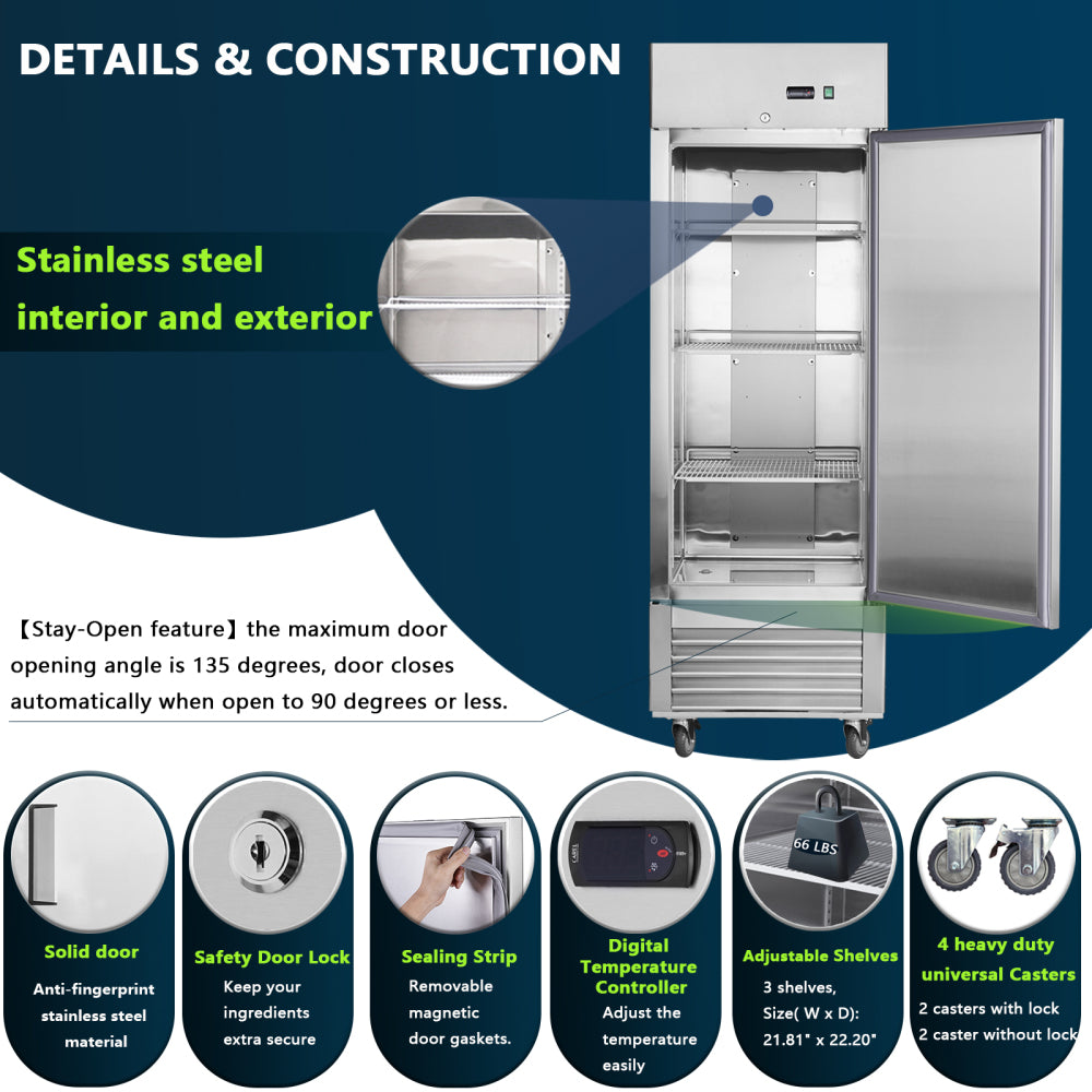 27"W Commercial Freezer Single Solid Door Stainless Steel Interior and Exterior Construction Reach-in Freezer 18.68 Cu.ft. Upright Fan Cooling Freezer for Restaurants and Commercial Environments