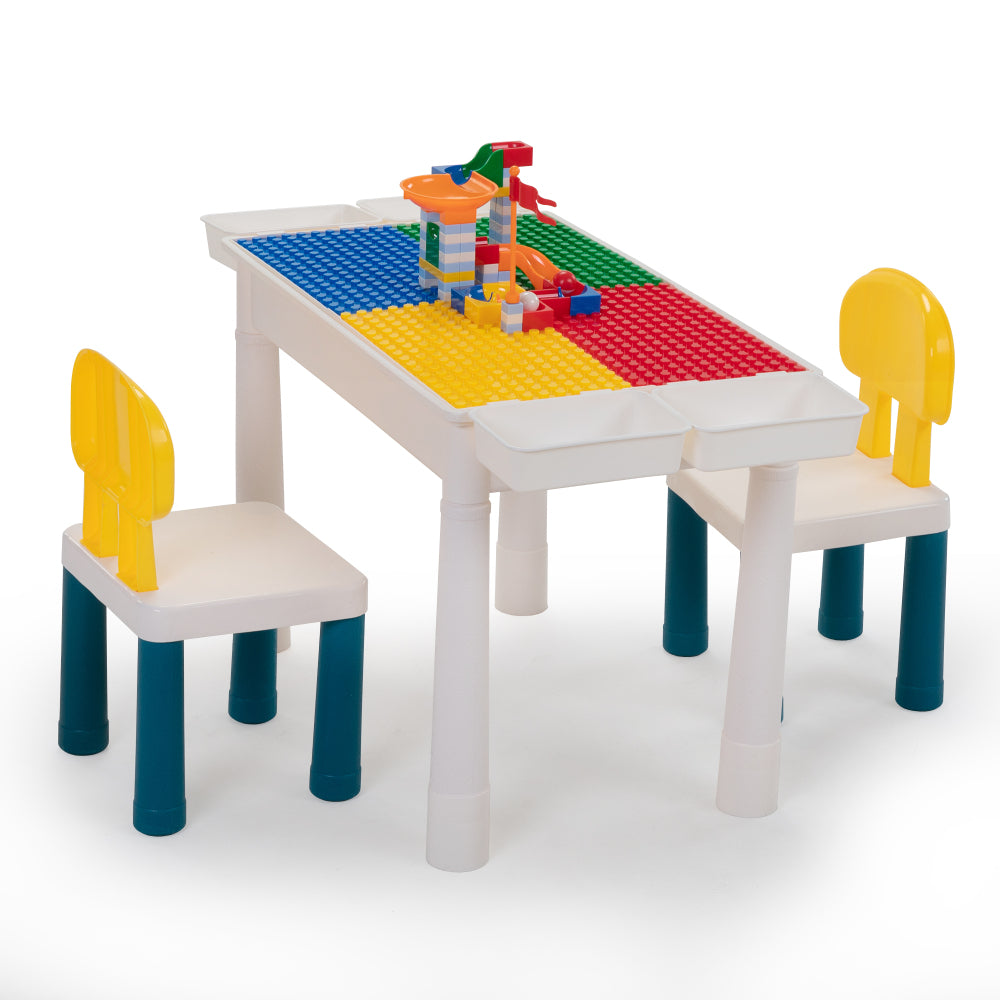 All-in-One Kids Activity Table and Chairs Set, Building Block Table with 100PCS DIY Blocks Toys, Dining Table Study Desk for Toddlers