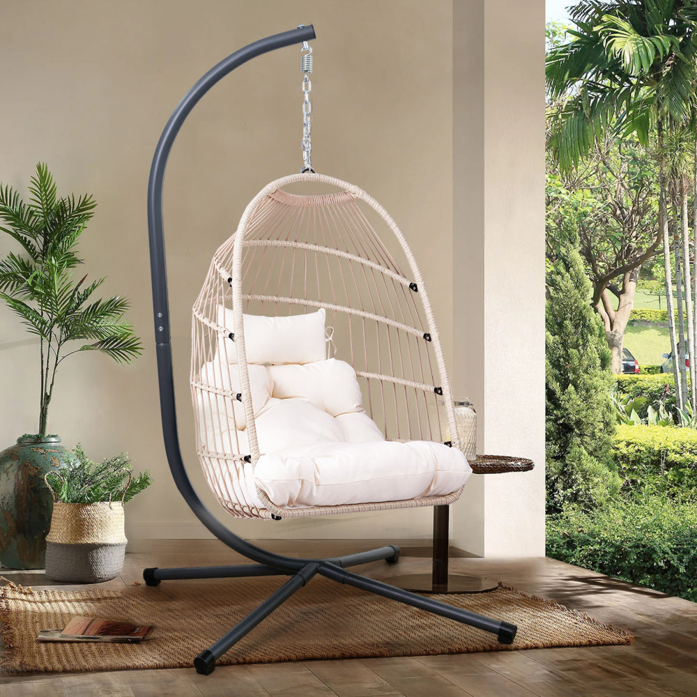 Outdoor Egg Hanging Chair with Stand, Patio Wicker Swing Egg Chair Indoor Swinging Chair Outdoor Hammock Egg Chair