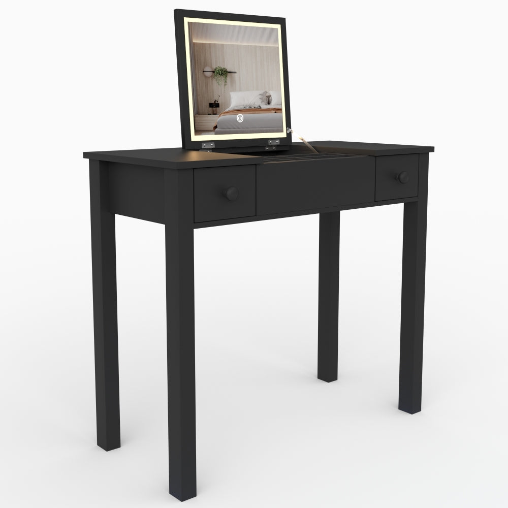 Multifunctional Vanity Desk with 3-Level Adjustable Lighting with Flip-top Mirror & Storage 15.75" Deep Makeup Table 2 Drawers & 3 Removable Organizer Boxes Compact Home Office Desk Black