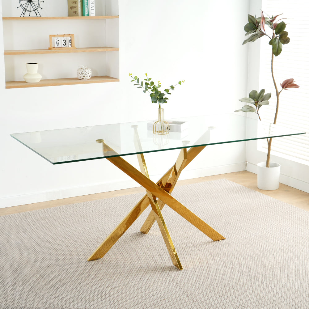 Modern Kitchen Glass dining table 63" Rectangular Tempered Glass Table top, Gold stainless steel legs , suitable for kitchens, restaurants, and living rooms(set of 1)
