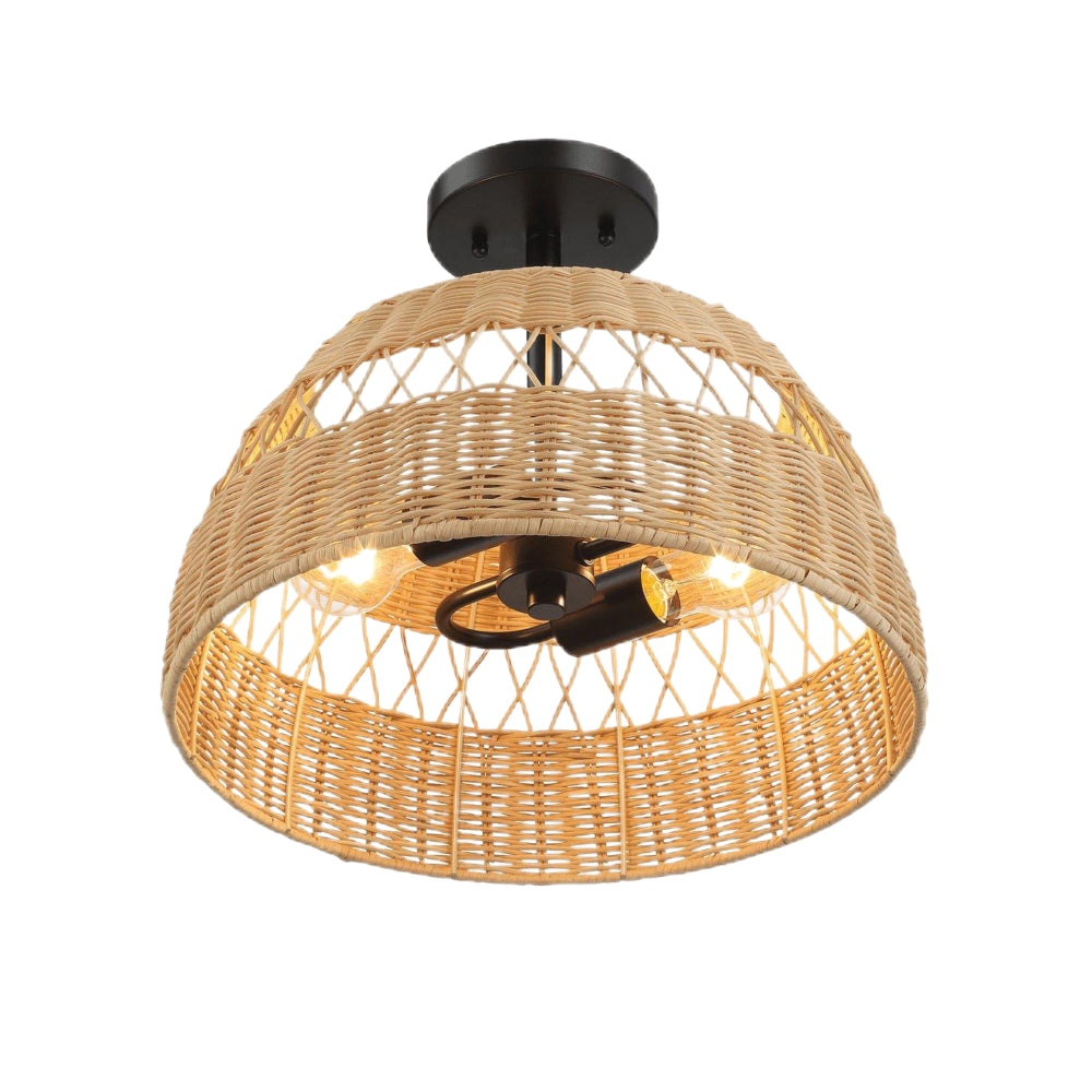 Twinkle Double Lights Semi Flush with Rattan Shade Black Metal Finish for Farmhouse Style Decor 12.6"H x 15"W x 15"D