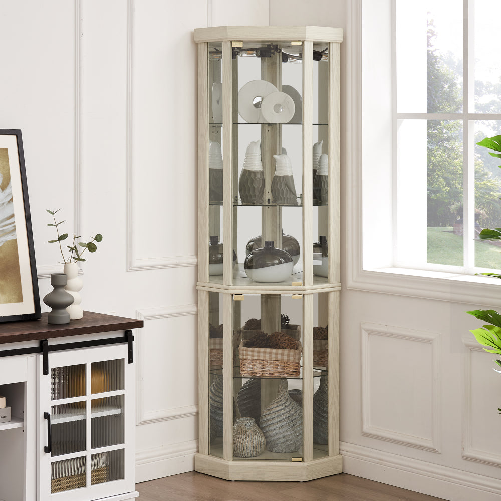 Lighted Corner Curio Cabinet - Elegant Glass Display Case for Living Room & Bar Storage - Perfect for Antique Collections & Wine - Includes Built-in Lighting - White