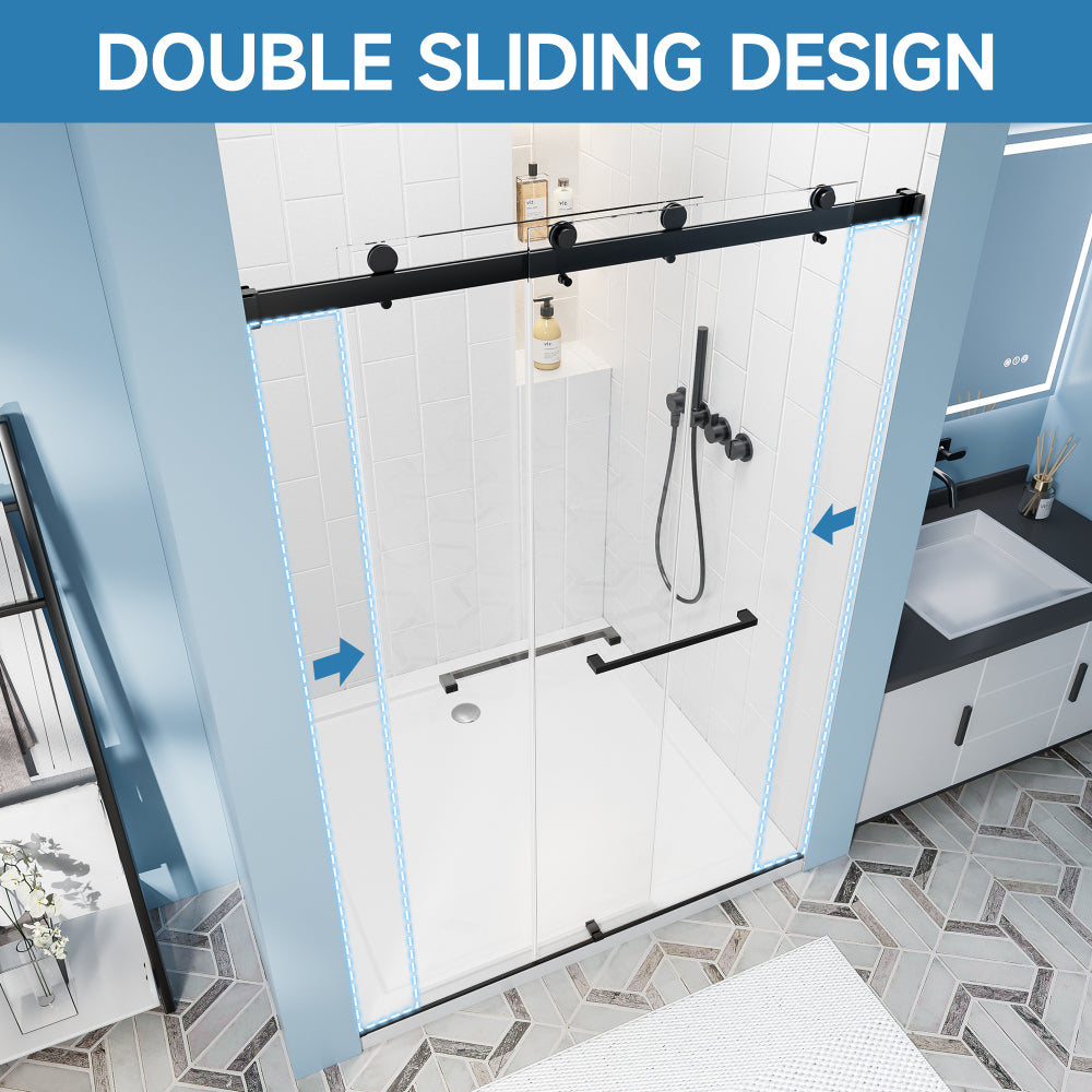 60" W x 76" H Frameless Double Sliding Shower Door, Soft-Close Matte Black Shower Screen, 5/16" (8mm) Clear Nano-Coated Tempered Glass, Dual Stainless Steel Door Handles