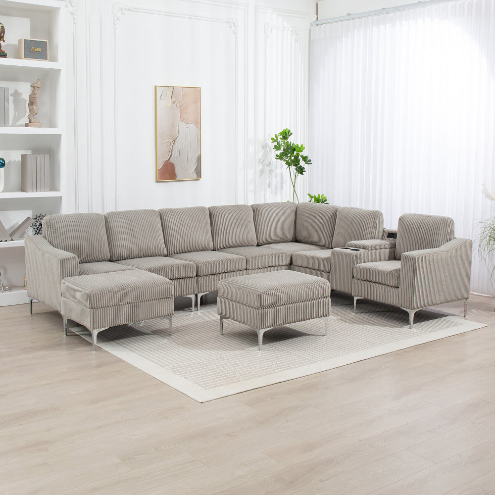 Modular Sectional Sofa Armless Seat Module, Corduroy Sectional Couch, Single Couch Modular Armless Accent Chair with Back Cushion,  Beige