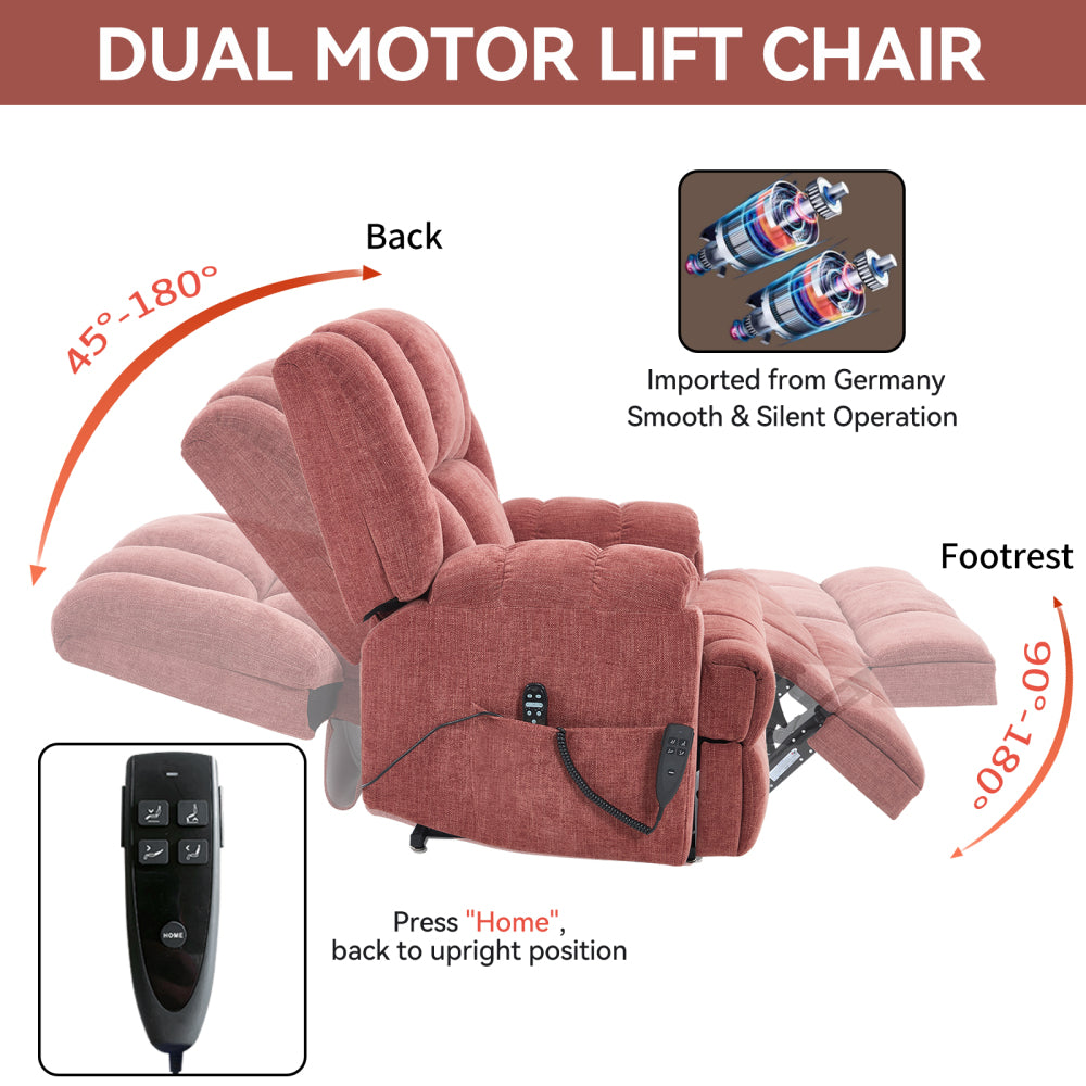 Dual Motor Heat Massage Infinite Position Up to 350 LBS Electric Power Lift Recliners with Power-Remote, Medium-firm and Heavy Duty, Red
