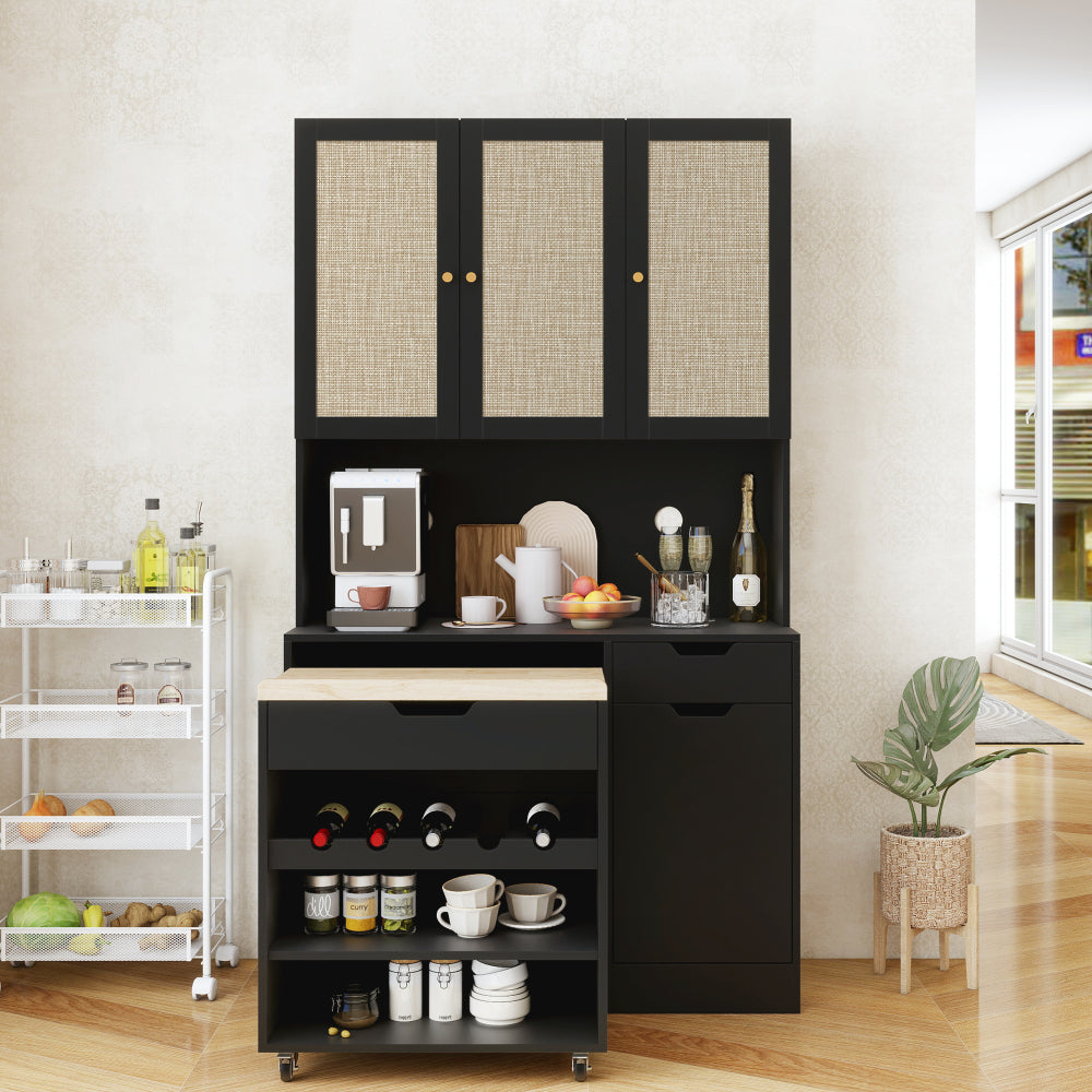 69.29" Kitchen Pantry Storage Cabinet, Modern Buffet Cabinet with Kitchen Cart, Tall Kitchen Hutch Cabinet with Microwave Stand, Food Pantry Cabinet with 3 Rattan Doors and Adjustable Shelves , Black