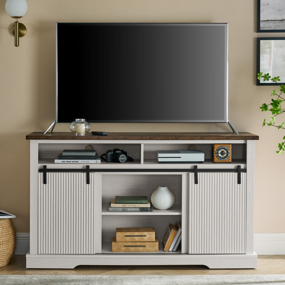 TV Stand for 65 Inch TV, Entertainment Center with Storage Cabinets and Sliding Barn Door, Mid Century Modern Media Living Room Bedroom TV Console Table