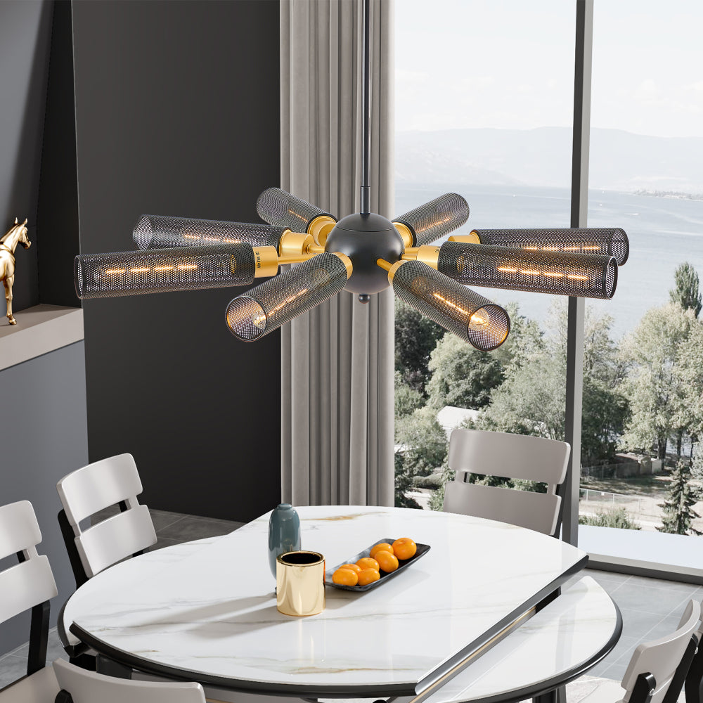 34" Modern Industrial Sputnik Chandelier, 8-Light Black and Gold Metal Pendant Light with Mesh Shades, E26 Base, Adjustable Height for Dining Room, Living Room, or Kitchen Island (Bulb Not Included)