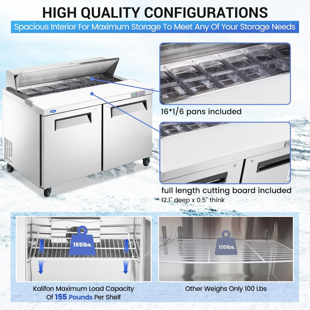 48" W 2 Door Refrigerator Sandwich Salad Prep Table Commercial Stainless Steel Fan Cooling Refrigerator with Cutting Board, 2 Shelves & 12 Pans for Restaurant, Bar, Shop-12.9 Cu.ft