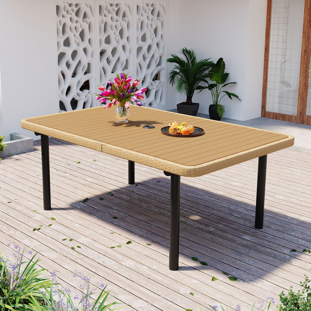 59" Outdoor Patio Dining Table, Polywood Tabletop with Umbrella Hole, Iron Legs, Rectangular Dining Table for Garden, Backyard, Porch