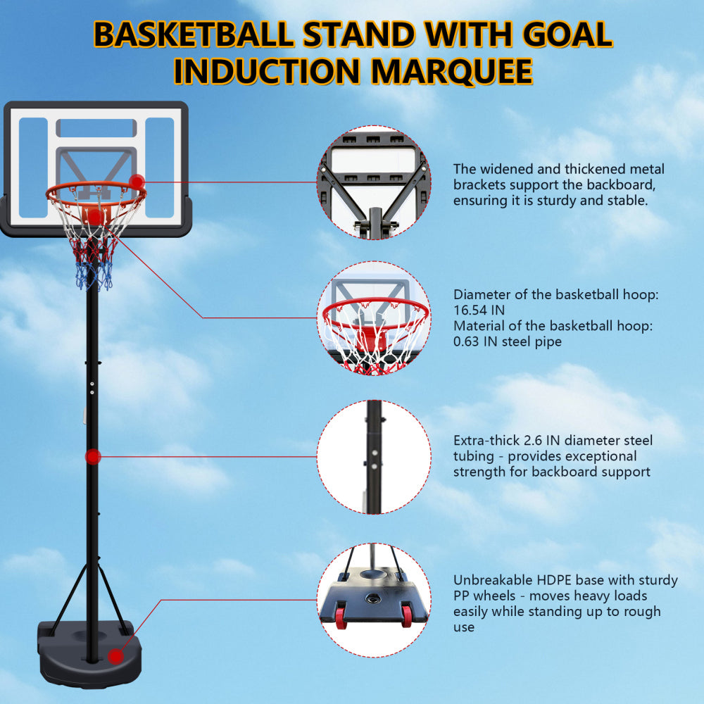 Portable Basketball Hoop for Youth Adults & Kids,Adjustable Height 6.89 ft to 10.01 ft,34 inch Backboard with Rebound System, Indoor/Outdoor Basketball Goal with Water/Sand Base, Wheels for Easy Move