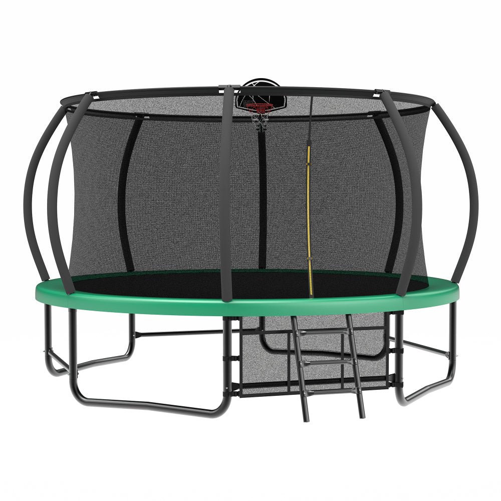 14FT Trampoline with Enclosure - Recreational Trampolines with Ladder and AntiRust Coating, ASTM Approval Outdoor Trampoline for Kids