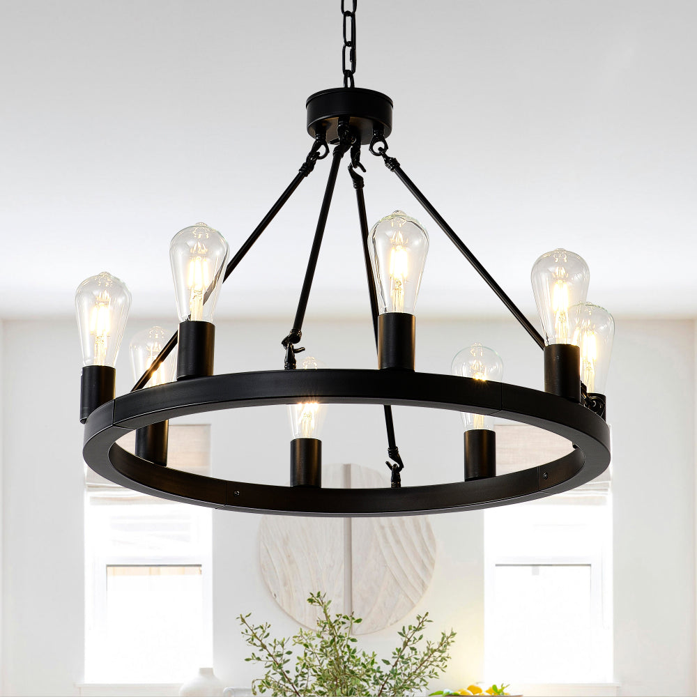 8-Light (No Bulbs) Matte Black Wagon Wheel Chandelier Farmhouse Modern Small  Round Chandelier for Living Room Kitchen Island Foyer Hallway Entryway Bedroom  Dining Room Light Fixture Ceiling Hanging
