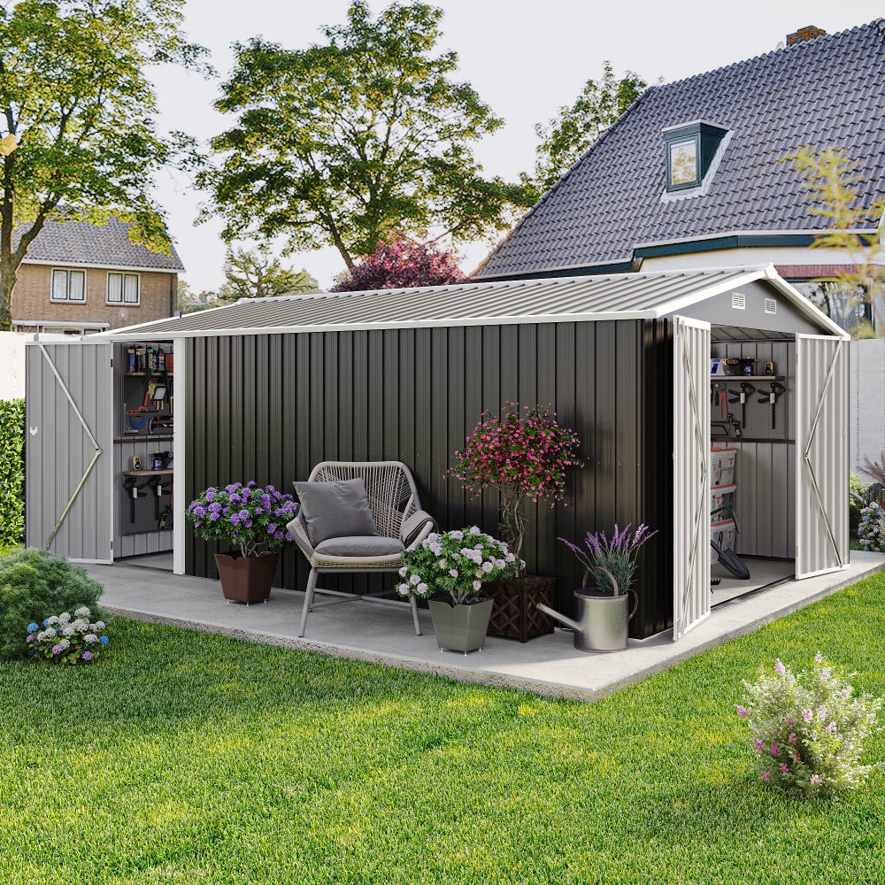 Campcraft  Outdoor Storage Shed 10×14 FT with 3 Lockable Doors,Utility Tool Shed Metal Storage Garden Sheds  Frame and 4 Vents,for Backyard,Patio,Lawn,Light Grey
