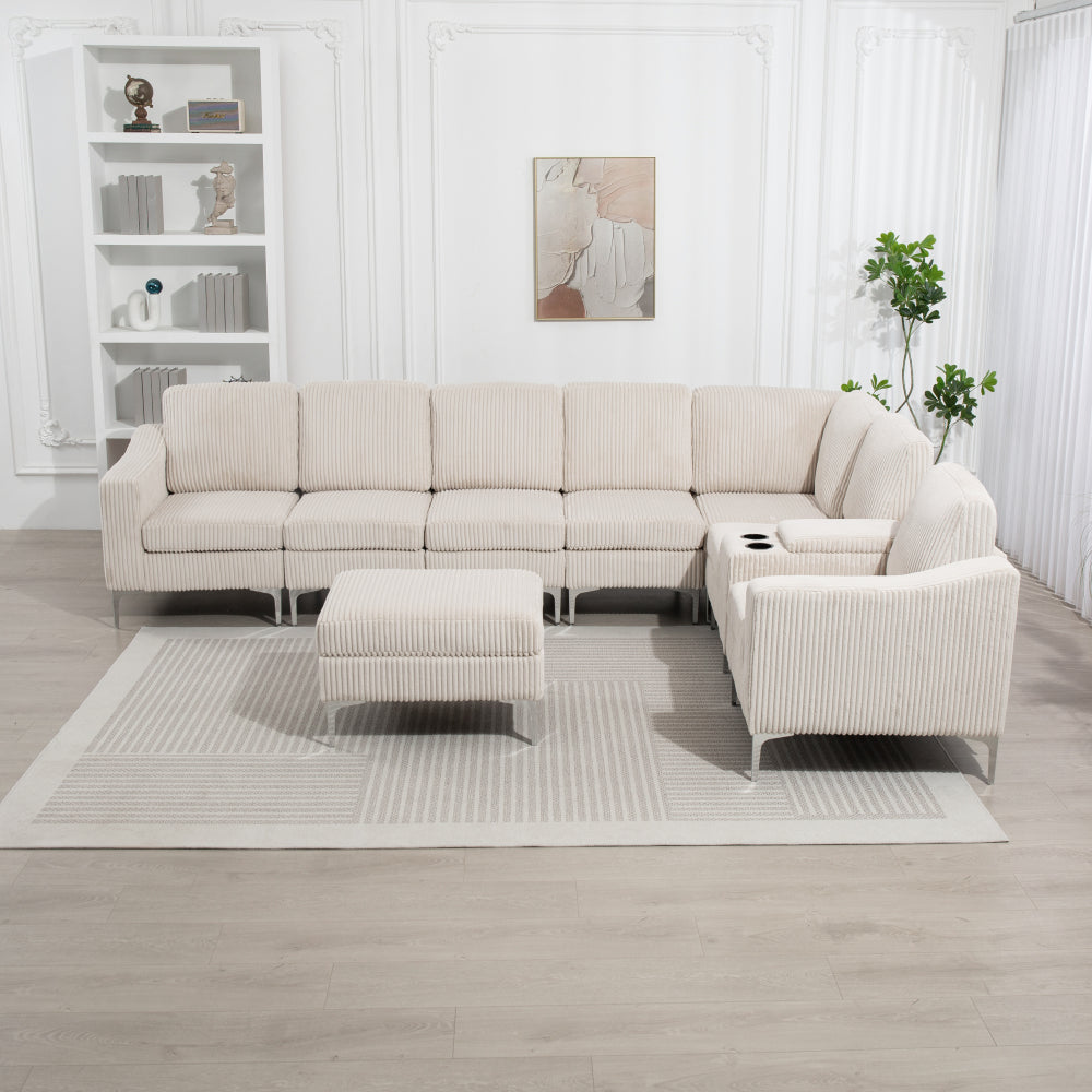 Modular Sectional Sofa Armless Seat Module, Corduroy Sectional Couch, Single Couch Modular Armless Accent Chair with Back Cushion,  Beige