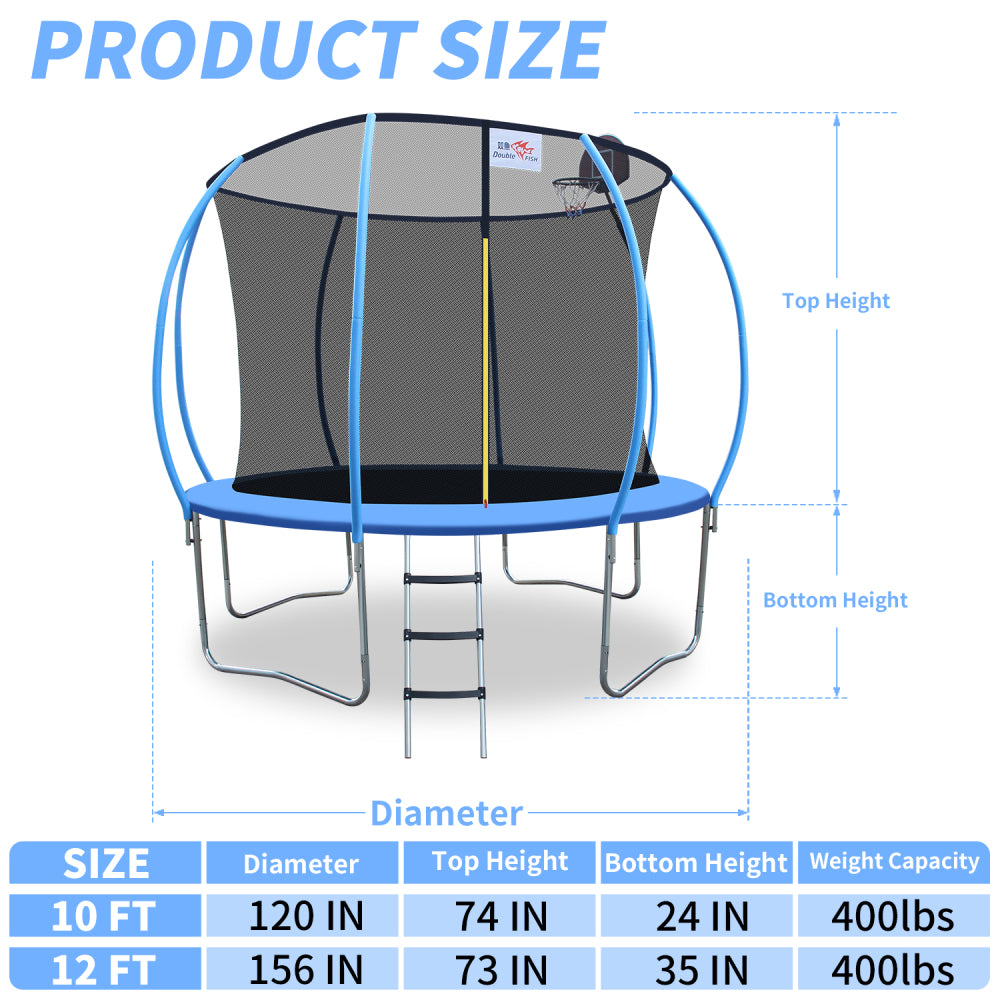 DOUBLE FISH 12ft Foldable Mini Trampoline Fitness Rebounder with Handrail for Adults, 400 Lbs Capacity, Blue Round Iron Frame, Compact & Portable for Home Workouts