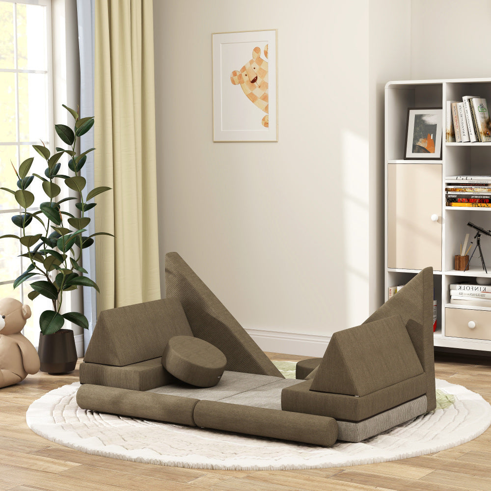 Qaba Modular Kids Play Couch, 12 Piece Kids Couch for Playroom Bedroom, Convertible Sofa Lounger for Boys & Girls, Khaki