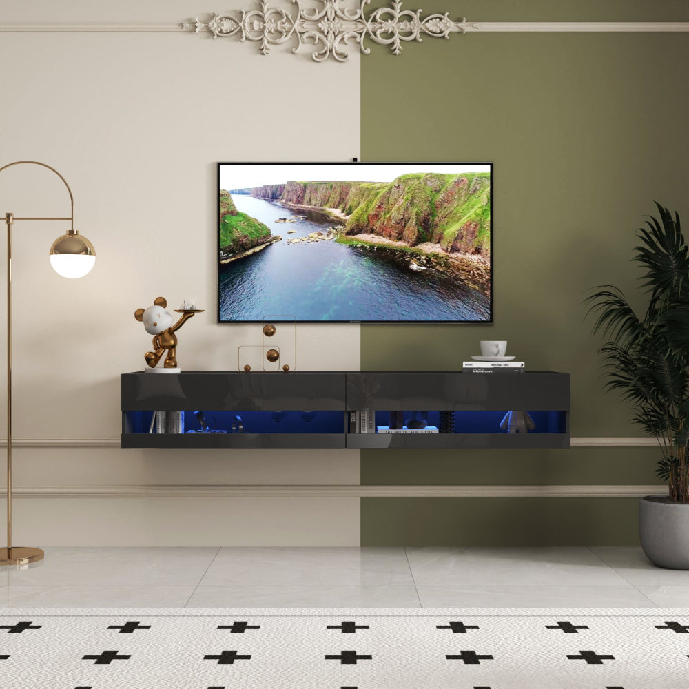 Modern Black TV Stand, 20 Colors LED TV Stand w/Remote Control Lights