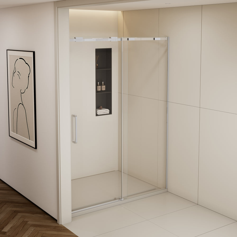 56-60"W x74"H Semi-Frame Single Sliding Shower Door,304 Stainless Steelin Polished Chrome finish,5/16" (8mm) Thick SGCC Tempered Clear Glass,Type C Wrapped Guide Rail Anti-derailment Pulley