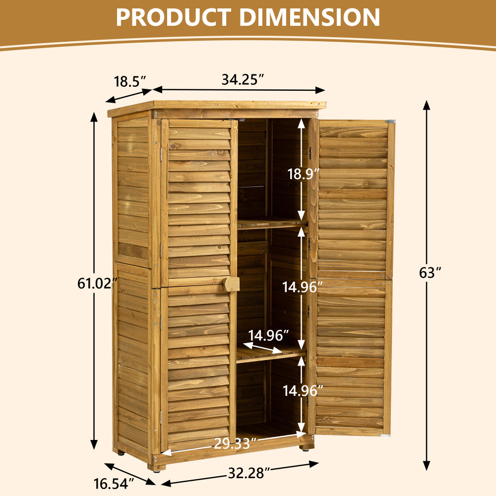 Outdoor Storage Cabinet, Wood Garden Shed, Pool Storage Shed with Lockable Door, Waterproof Roof and 2 Removable Shelves, Vertical Outside Storage Shed for Patio, Backyard and Lawn