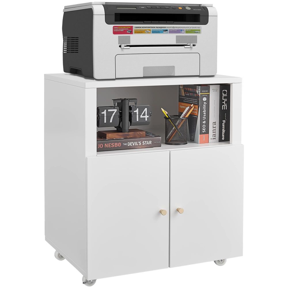 Black Metal Double-Door Printer Cabinet - 360° Lockable Casters, Crafted From Steel, Adjustable Shelves, Waterproof And Not Easy To Wear, Modern Design For Office, Home, Garage.
