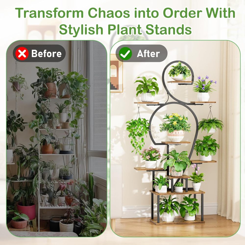 Plant Stand Indoor with Grow Light, 9 Tiered 63" Tall Indoor Plant Shelves for Multiple Plants, Large Metal Plant Shelf, Lighted Plant Stand for Indoor, Balcony, Living Room