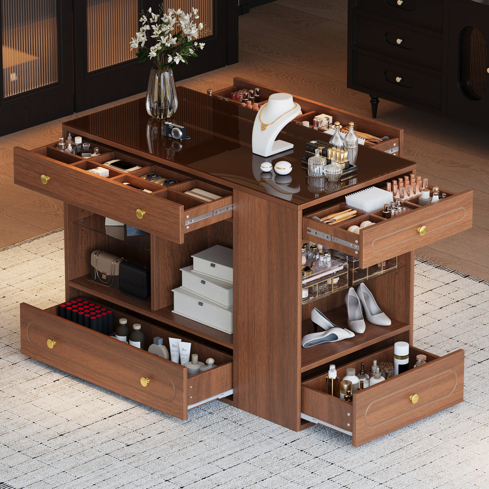 Closet Island with 6 Drawers, Wardrobe Armoire Bedroom Island with Glass Display Top and Open Shelves, Jewelry Storage Vanity Island with compartments, Walk-in Closet Island for Cloakroom, Walnut