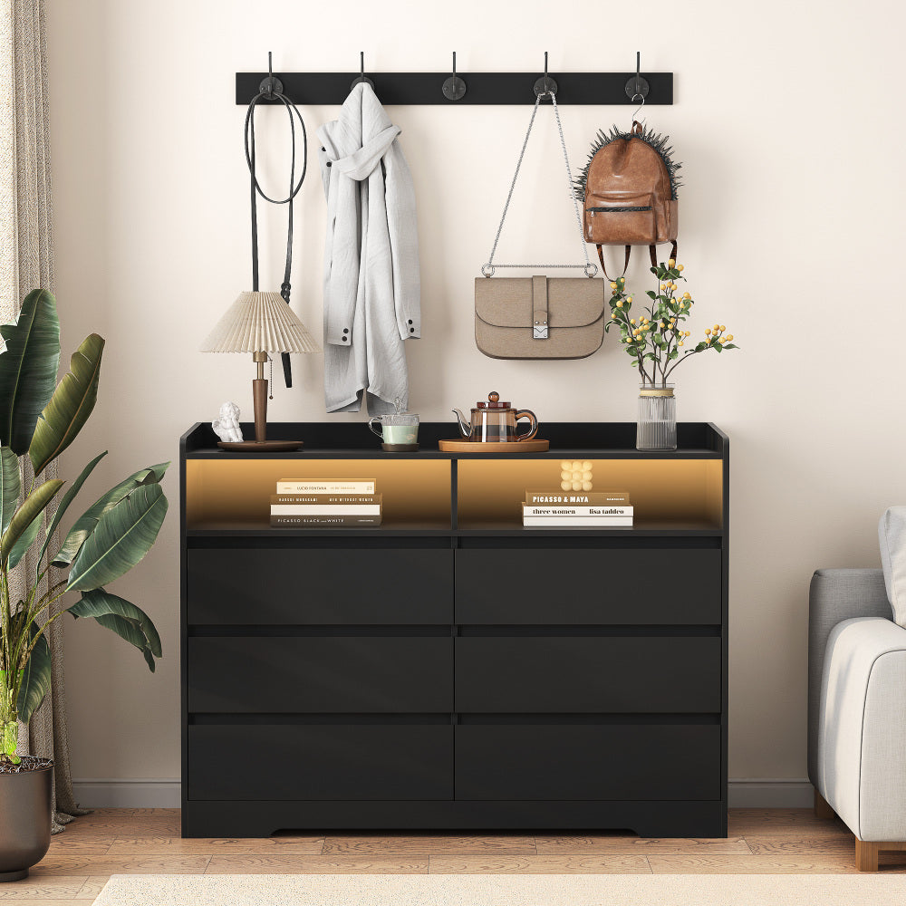 6 Drawer Dresser, White Dresser for Bedroom with LED Lights, Modern Dressers & Chests of Drawers with Sturdy Frame for Living Room, Entryway, Hallway