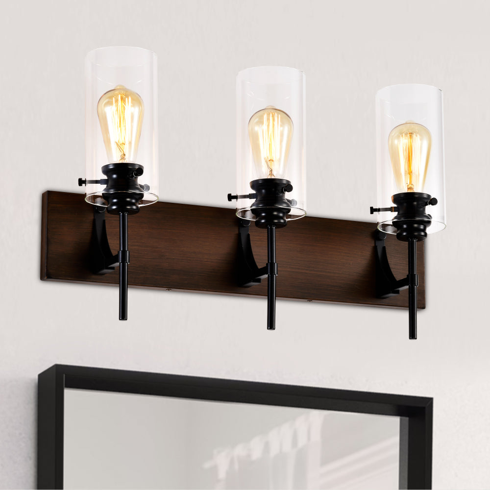 3-Light Matte Black + Wood Color Bathroom Light Fixtures, Modern Vanity Lights with  Glass Shade, Vintage  Light Fixture Bathroom Over Mirror Wall Lights for Kitchen Dinning Room Bedroom Hallway