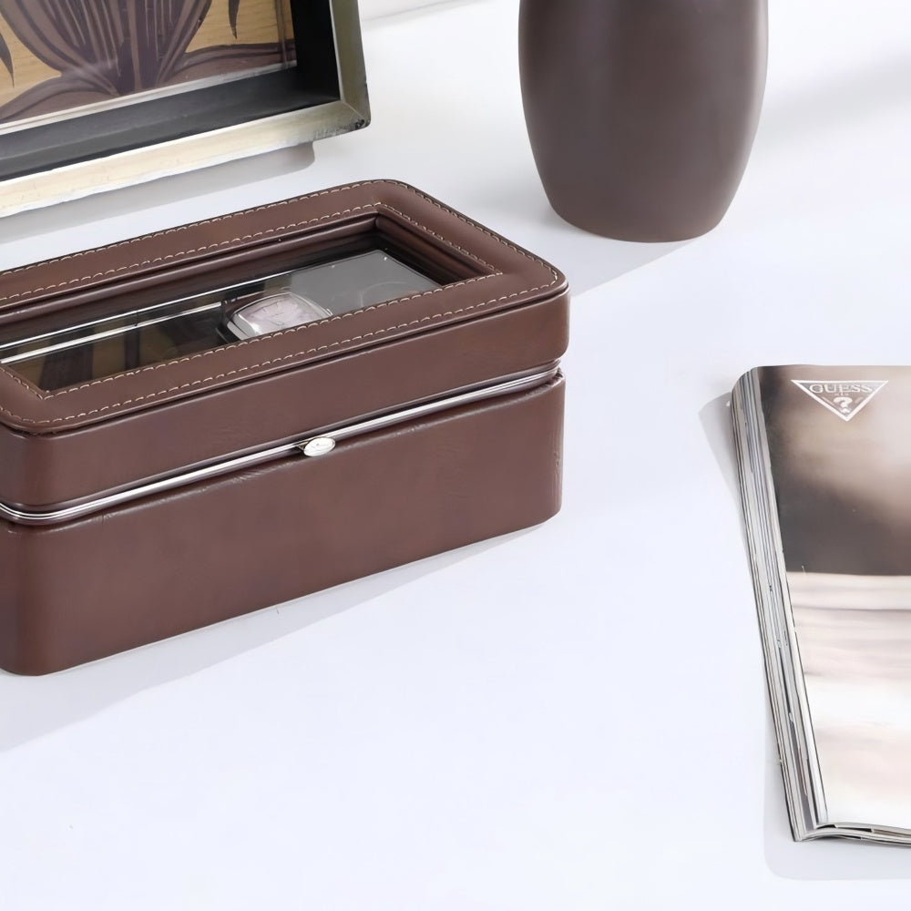 8" Long Tempered Glass and Leather 4-Slot Watch Display Case, Brown