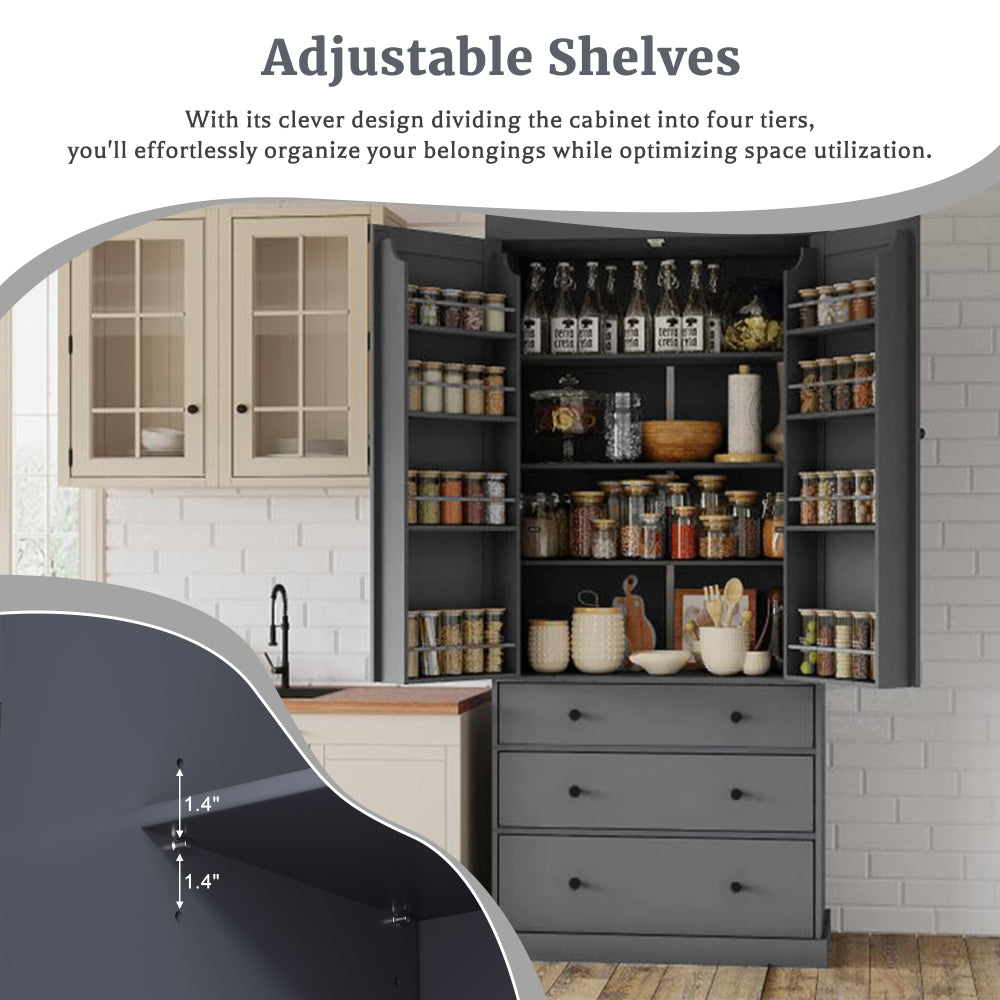 [Assembly Video Provided]TOPMAX 77inch Farmhouse Kitchen Pantry, Freestanding Tall Cupboard Storage Cabinet with 3 Adjustable Shelves, 8 Door Shelves, 3 Drawers for Kitchen, Dining Room, Gray