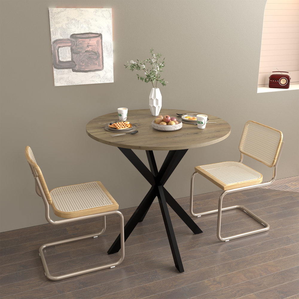 31.5 Inch Round Dining Table, Small Circle Kitchen Table with Metal Black Legs for 2-4 people,Modern Dining Room Table, Brown (only table)