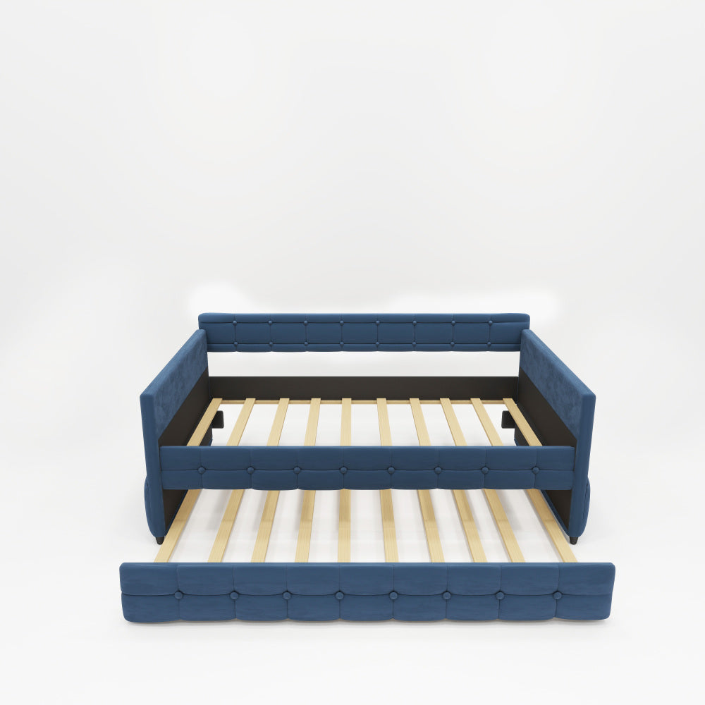 BLUE UPHOLSTERED TWIN SIZE DAYBED WITH TRUNDLE, VELVET FABRIC, NO BOX SPRING REQUIRED, COMFORTABLE AND SIMPLE DESIGN MODELS