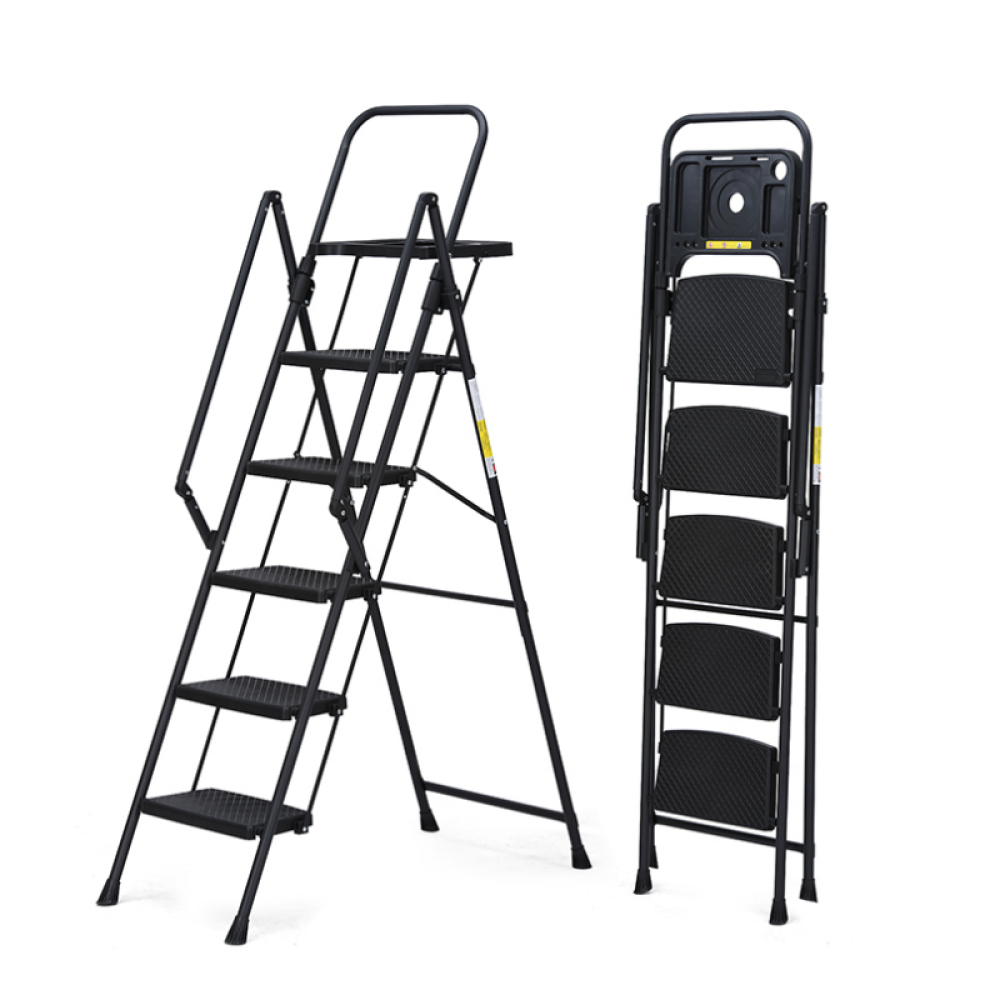 5-step ladder, foldable step stool with tool tray and wide non slip pedals, sturdy steel ladder, convenient handrails, lightweight portable steel step stool