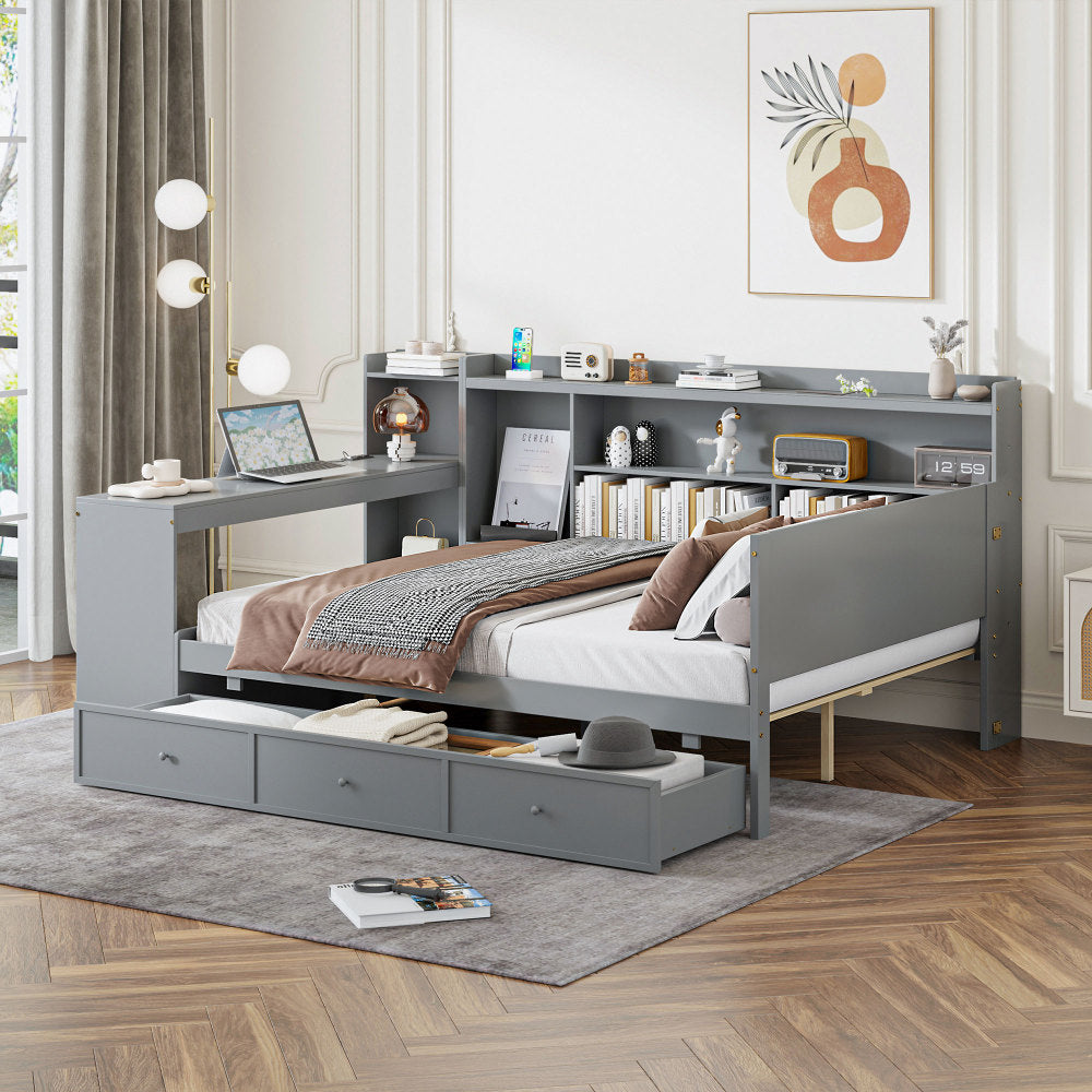 Full Size Wooden Daybed With 3 Drawers, USB Ports and desk , Gray