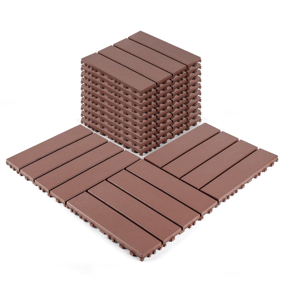 Plastic interlocking decking tiles, 44 packs of terrace decking tiles, 12 inches x 12 inches waterproof for all-weather use, backyard pool decking tiles, Brown