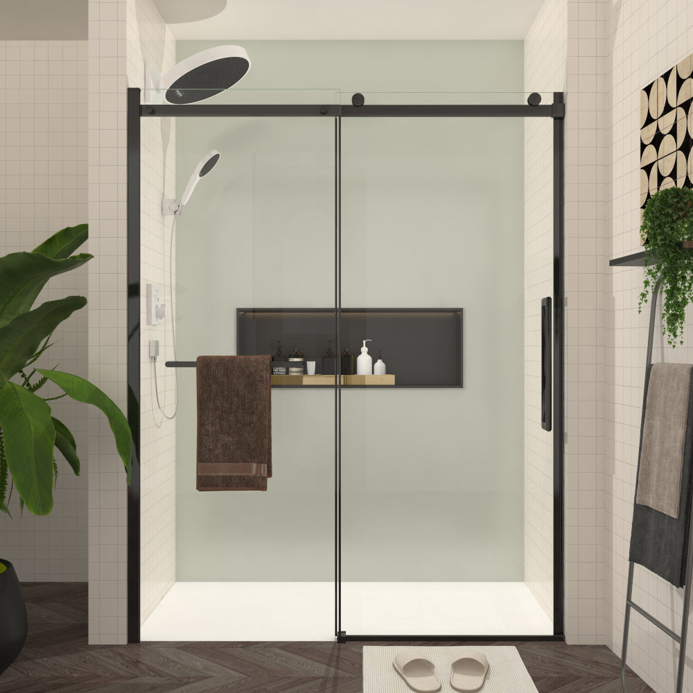 S-RM6076TB 56-60"W x 76"H Sliding Shower Door, Frameless Glass Shower Door with Matte Black Hardware, Towel Bar and Handle,Drop Shipping available