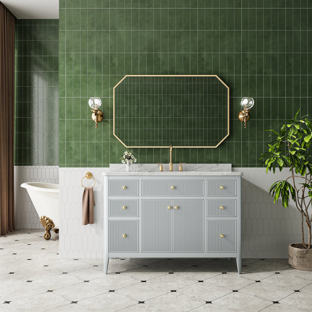 Fully Assembled 48''  Grey Freestanding Single Sink Bathroom Vanity with Solid Wood Construction and Engineered Marble Top