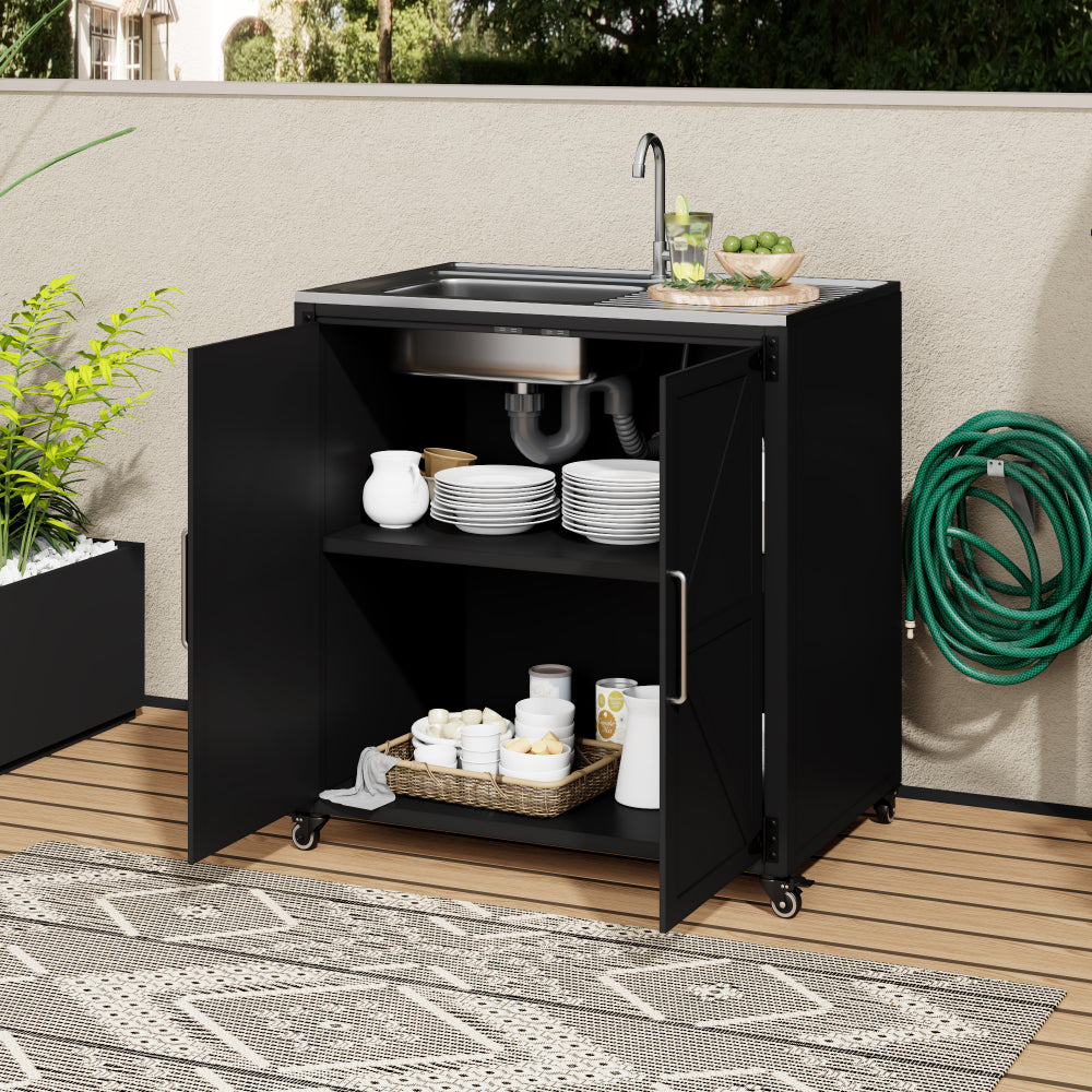 Outdoor Movable Kitchen Sink Outdoor Grill Cart Outdoor Storage Cabinet Outdoor Kitchen Island Patio Modular Kitchen Sink Station with Cabinet for Garden, Patio, Backyard, Matte Black