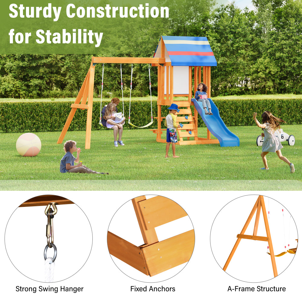 Wooden Outdoor Swing Set 3 in 1 Swing Set outdoor Children's Playset with Slide , 2 Swings and Climber for Garden, Backyard and Playground, Blue