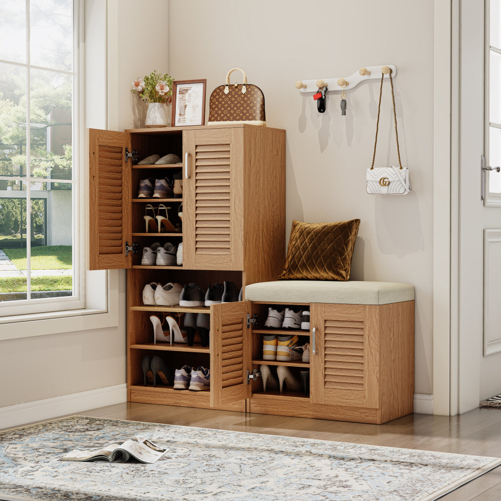 Multi functional Shoe Storage Cabinet with Bench & 7+3 Storage compartment, Adjustable layer board
, Shoe Bench with Cushion for Entryway,  Freestanding Shoe Rack for  Mudroom, Hallway,oak